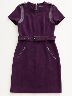 Calvin Klein Petite 6 Plum Purple Faux Suede Belted Dress